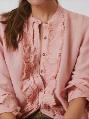 Pilcro Pink Ruffle-Trim Button Front Blouse